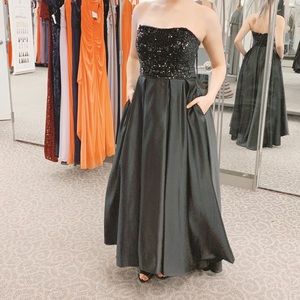 David’s Bridal black high-low sequin top gown